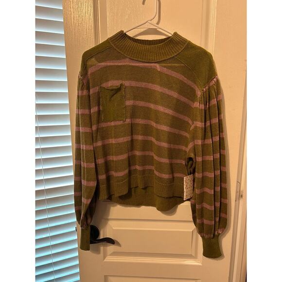 Free People Tops - Free People Olive and Pink Striped Long Sleeve Pullover Stretchy Soft Boho